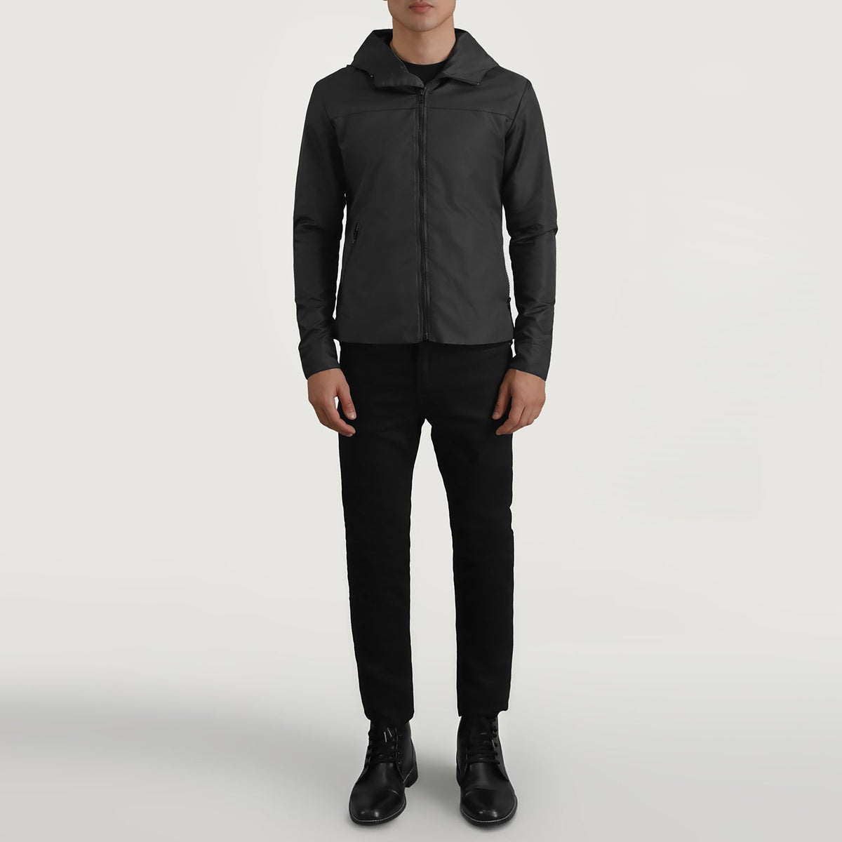 
Wesley Black Hooded Windbreaker Jacket - Lateral Side Profile View Showing Sleeve Cut & Athletic Taper Fit