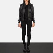 Women's Westa A-2 Black Leather Bomber Jacket - Lateral Side Profile View Showing Sleeve Cut &amp; Athletic Taper Fit