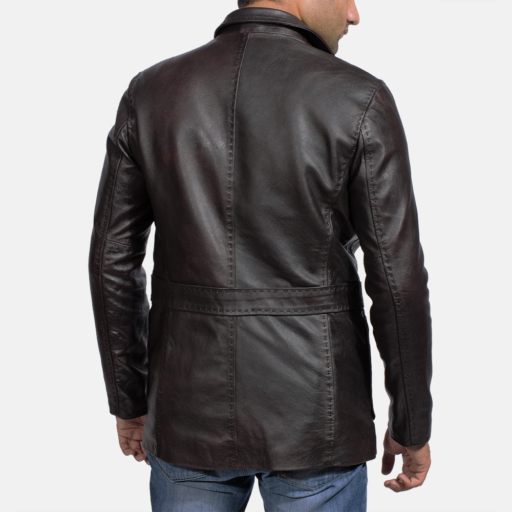 Men's Wine Black Leather Blazer - Lateral Side Profile View Showing Sleeve Cut &amp; Athletic Taper Fit