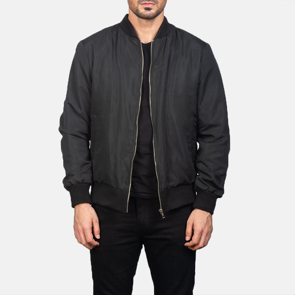 Men's Zack Black Bomber Jacket in Black Polyester - Front Profile View &amp; Tailored Silhouette | Buy Online